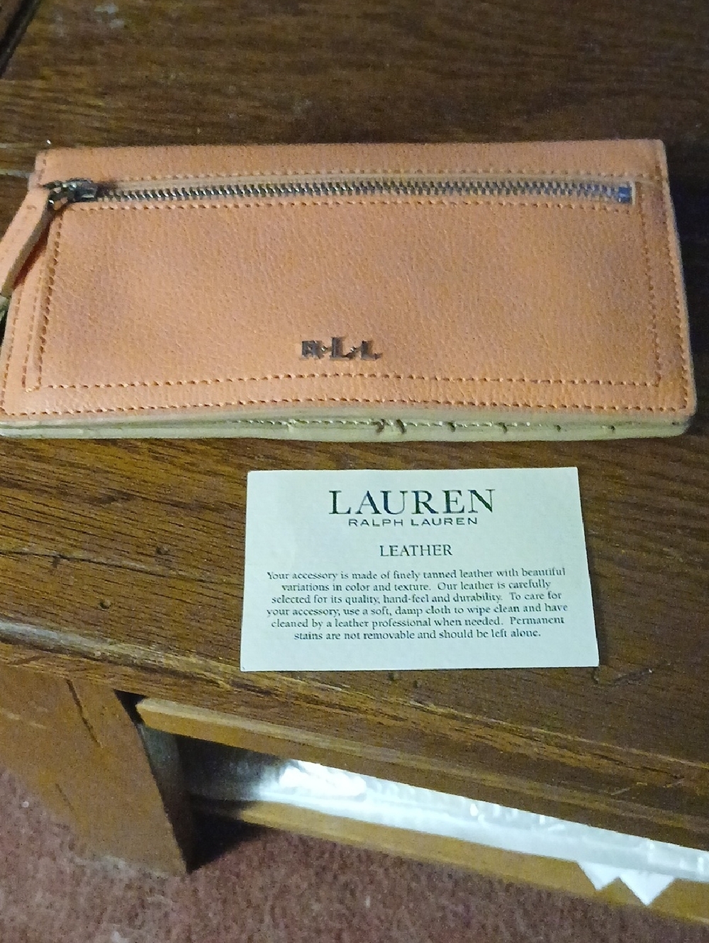 Lauren Ralph Lauren Peach Leather Zip Wallet with Front Pocket